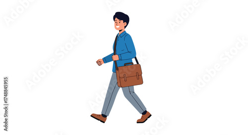 Animated character illustration depicting a young professional man walking with a briefcase confidently going to work with positive vibes