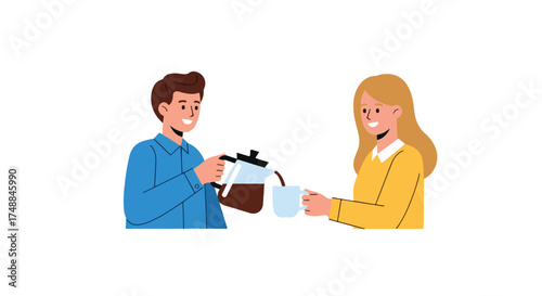 Illustrative scene of a person pouring coffee for another, showcasing simple, modern character design and warm social interaction over beverage