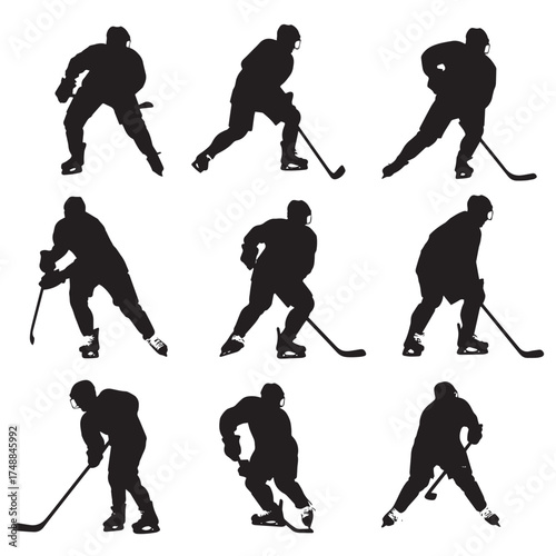 Dynamic hockey player action poses in a black and white silhouette set isolated on white background