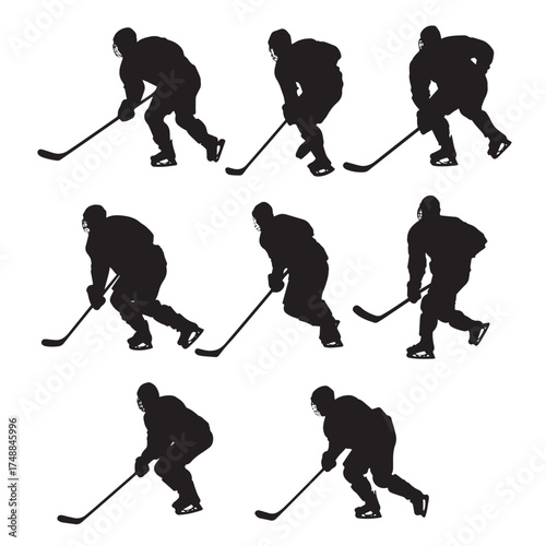 Collection of black and white hockey stick silhouettes isolated on white background