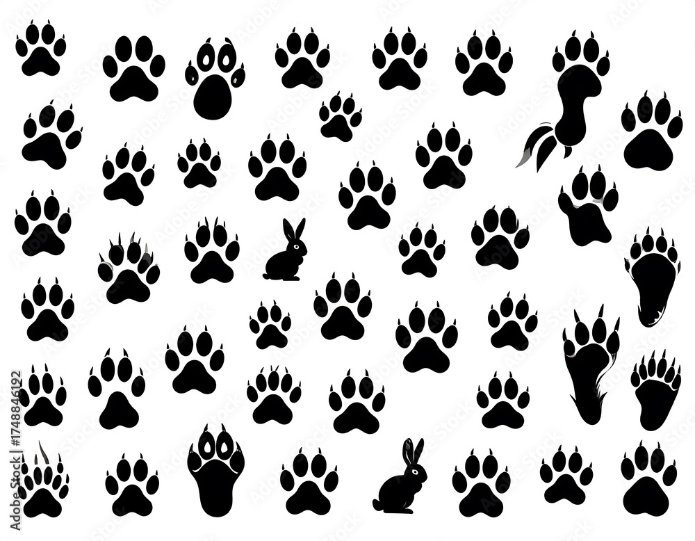 Naklejka premium Diverse collection of various animal paw prints in a simple, symmetrical design.
