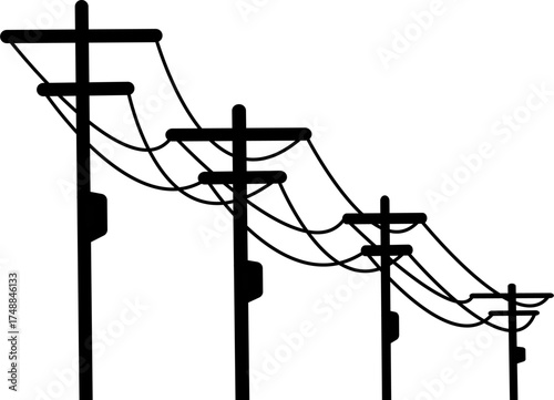 Power pole. Electric power pole vector, utility line silhouette, energy infrastructure design, electricity transmission wires, black power grid. multiple utility poles with power lines. 