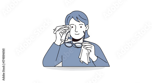 Woman meticulously cleans her eyeglasses with a soft cloth, ensuring clear vision and pristine care of eyewear, using gentle circular motions