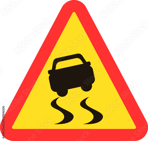 Slippery Road sign. Warning sign indicating a slippery road ahead with a car skidding on a wet or icy surface. Yellow triangular road sign warning of slippery conditions ahead.