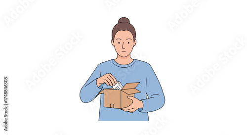 Illustration of a young woman opening a brown cardboard package with eager anticipation and a hopeful expression looking inside with delight