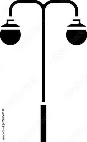 Silhouette of Double Light Street Lamp. Black Double armed street lamppost. Icon of Double headed street lamp post. Double street light pole with two illuminated lamps 