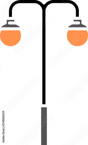 Vector of Double armed street lamppost. Double Light Street Lamp on white.  Icon of Double headed street lamp post. Double street light pole illustration