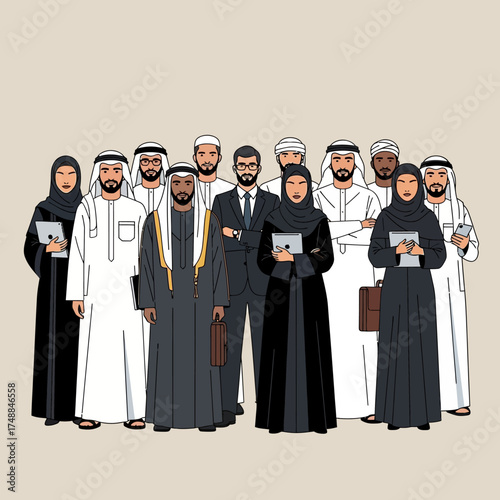 Diverse Group of Emirati Professionals in Traditional and Modern Attire.