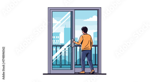 Man opening balcony door to city view, fresh air and urban landscape depiction, tranquil moment in modern dwelling, illustration of a relaxing