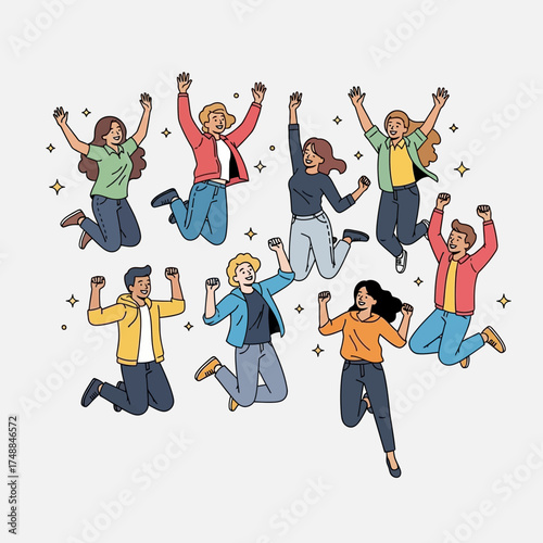 Diverse Group of People Jumping with Joy and Excitement.