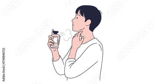 Illustration of a young man applying cologne to his neck showcasing personal grooming ritual with a classic fragrance presentation