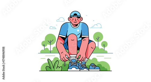 Illustration of a sporty man squatting down to tie his shoelaces before running in a park setting with trees and clouds