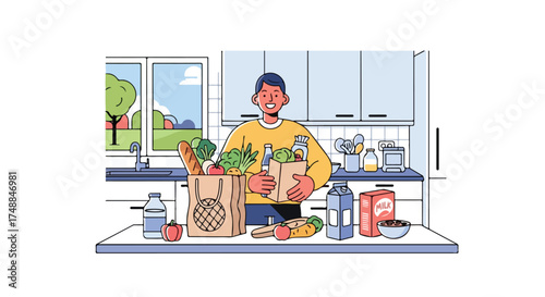 Cheerful man unloads groceries in a bright modern kitchen, promoting healthy lifestyle choices and domestic bliss showing a daily routine fulfillment