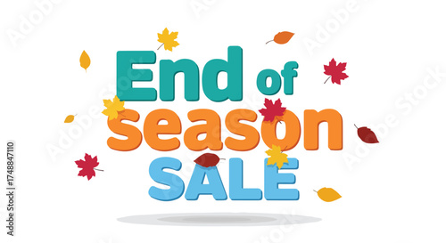 Festive end of season sale announcement with autumn foliage elements and colorful bold typography for promotional banners and advertisements