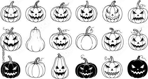 "Hand Drawn Halloween Pumpkins Collection - Black and White Jack O'Lantern Faces"


