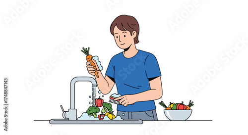 A young man diligently cleaning and scrubbing fresh vegetables under running water in a kitchen sink with a brush prepares a healthy meal