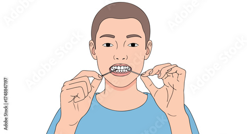 Daily dental hygiene routine: illustration of a young man using dental floss for optimal oral health and smiling wide to show clean and white teeth