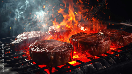 Epic Sizzling Steak Inferno Cinematic Close-Up of Juicy Beef Searing on Grill with Dramatic Fire Flare-Ups & Smoke