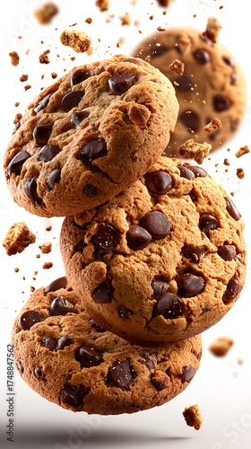 Chocolate chip cookies falling freely through the air with pieces breaking apart