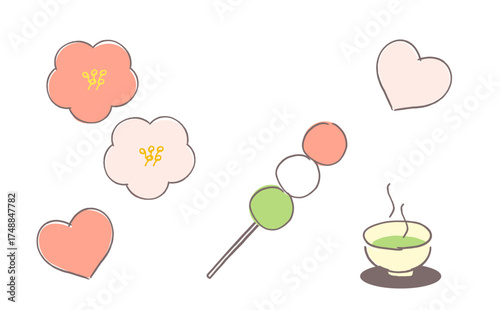 かわいい手描きのお団子と梅のイラスト