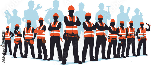 Stylized Silhouette Group of Construction Workers in Orange Vests