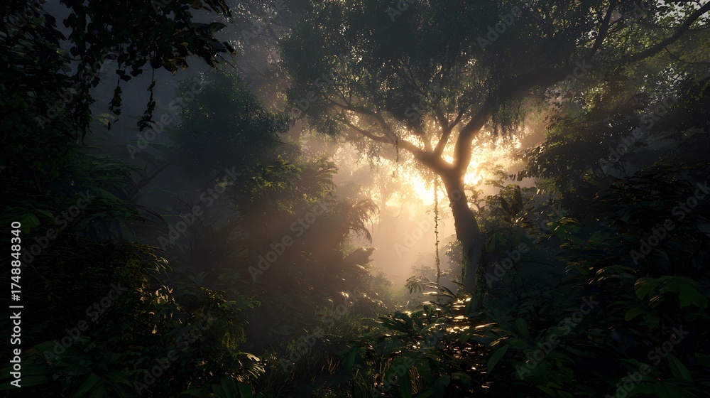 Obraz premium Misty forest, sunlit trees, foggy landscape, natural scenery