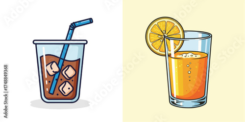 Flat Design Glasses with Cold Drinks and Orange Slice