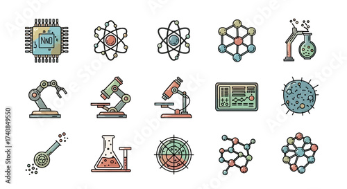 Science and Technology Icons: Research Innovation and Discovery.