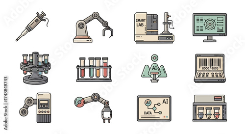 Robotics and Automation: Scientific Research and Development Icons.