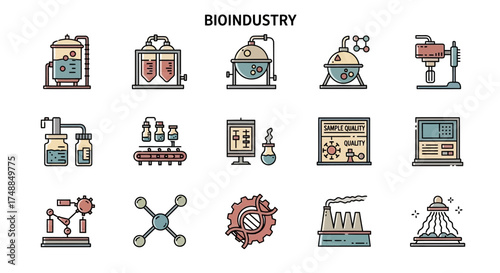 Bioindustry Icons: Biotechnology and Industrial Processes Vector Set.