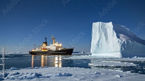 Majestic Icebreaker Navigates Through the Stark Beauty of the Arctic, Illuminated by the Sun's Glow Against a Towering Iceberg