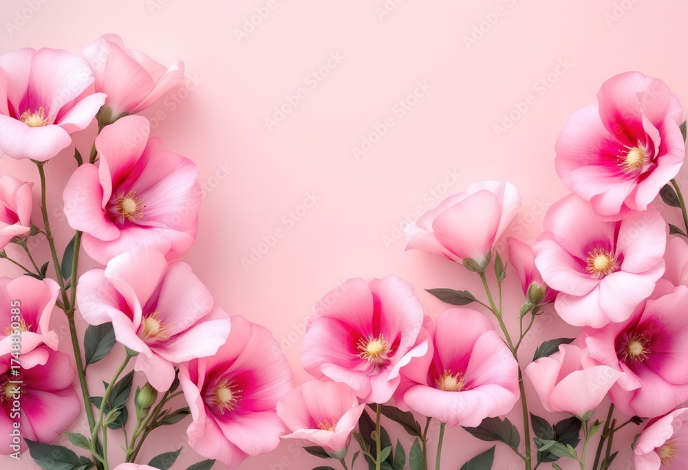 Fototapeta premium Beautiful Pink Eustoma Flowers Frame on Pink Background.