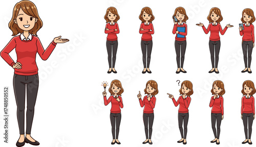 Set of cheerful woman presenting with various gestures and poses