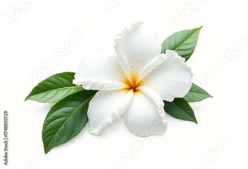 Beautiful White Plumeria Flower with Green Leaves Isolated 1.