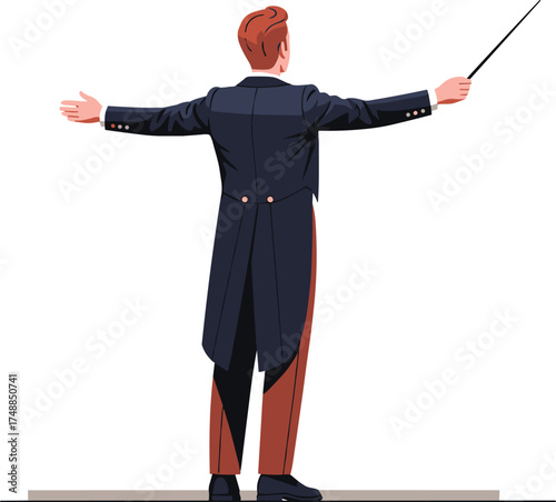 Energetic male conductor leads an orchestral performance with precision and passion, his back to the viewer, showcasing the elegance of classical music and artistic direction