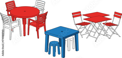Collection of red, blue, and white plastic tables and chairs, ideal for outdoor seating and dining areas
