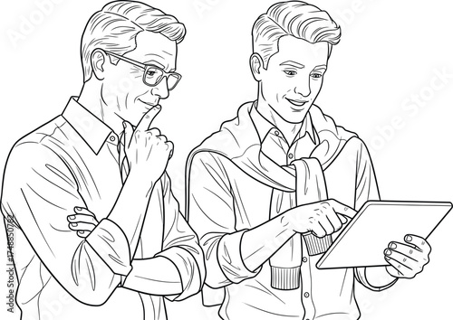 Two men, one older and one younger, are shown in a line drawing discussing information displayed on a digital tablet