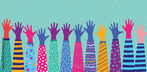Diverse group of multicultural hands raised together in a colorful illustration symbolizing community, unity, and participation