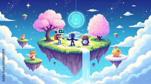 Whimsical Floating Islands with Adorable Characters and Digital Portal in a Dreamlike Sky Landscape