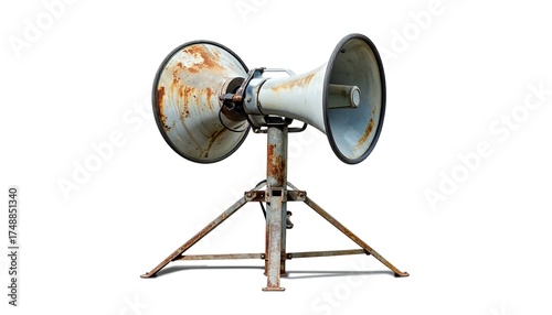 An aged, rusty loudspeaker system stands tall against a plain background.