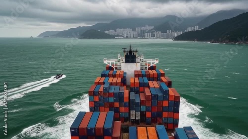 Commercial cargo ship carrying containers on the ocean with a smaller boat in the distance approaching land with hills