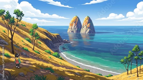 Scenic coastal landscape with rolling hills, a sandy beach, and calm ocean waters under a bright blue sky
