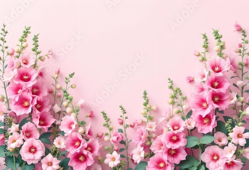 Pink Hollyhock Flowers Forming a Beautiful Border.