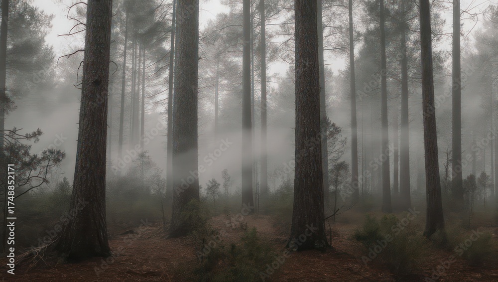Fototapeta premium Dense forest scene. Tall trees, light fog, earthy tones, creates an ethereal and mysterious atmosphere