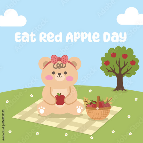 Cute eat a red apple day design illustration for celebration. Suitable for flat design graphic illustration for campaign, social media ads, flyer design, flat illustration, template, poster, etc