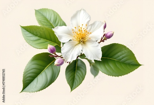 White Camellia Sinensis Tea Flower with Green Leaves.