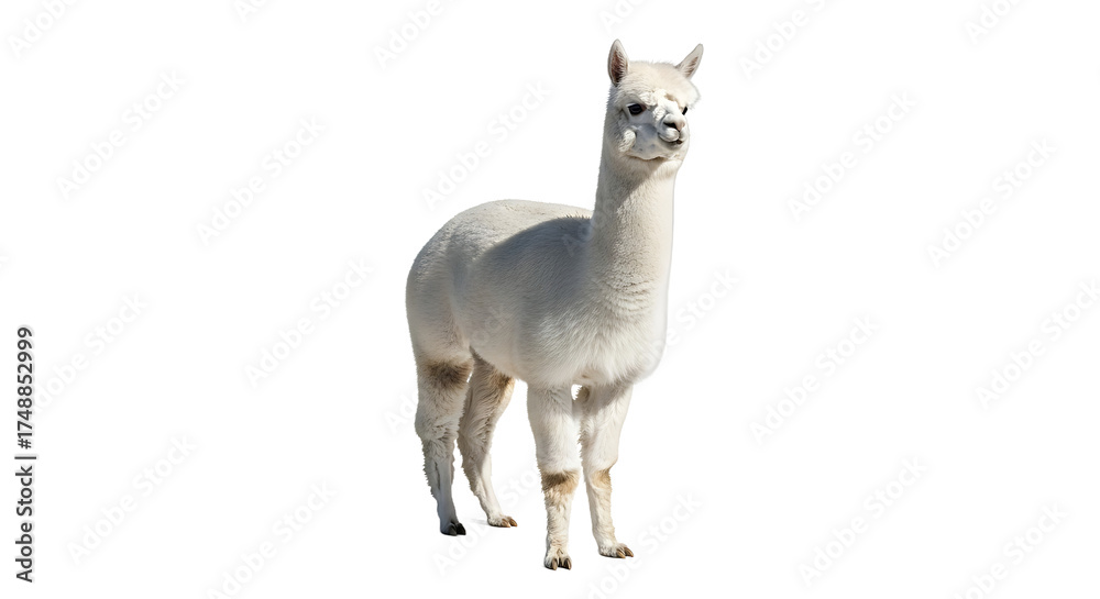 Fototapeta premium Captivating White Alpaca Standing Gracefully Against a White Background in a Studio Setting
