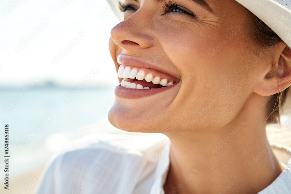 Obraz premium Smiling woman in a white hat enjoying a sunny day at the beach with a serene ocean background