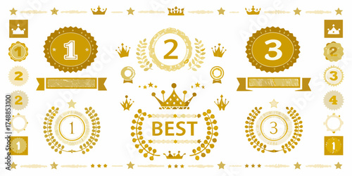Collection of golden award badges and ribbons for first second and third place winners