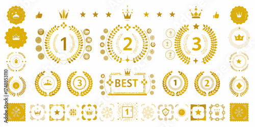 Collection of golden ribbons laurels crowns stars and numbers representing awards and achievements